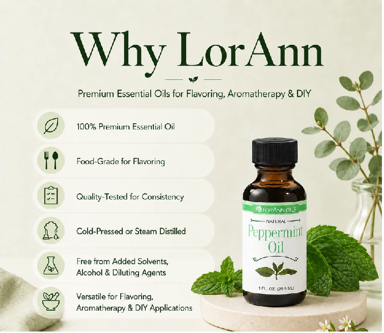 A bottle of LorAnn Peppermint Oil displayed on a light beige background with promotional text on the left and green leaves on the right. The bottle is amber glass with a black cap and a white label featuring green and black text.