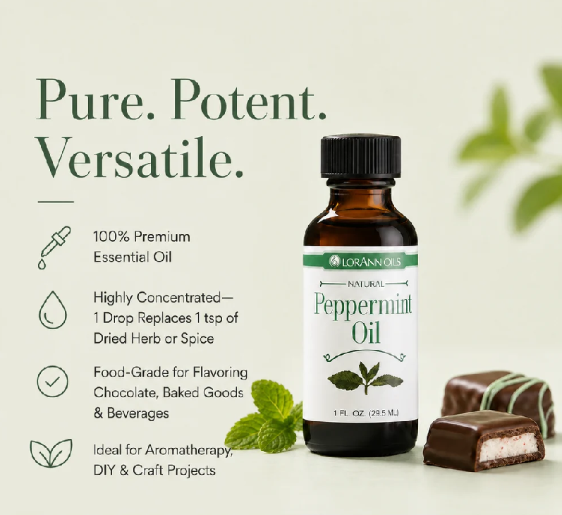 A bottle of Lorann Natural Peppermint Oil centered on a light cream background with marketing text on the left and chocolate pieces with mint leaves on the right.