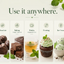 A promotional graphic with the headline 'Use it anywhere.' above five vertical panels showing food and drink examples: chocolate, baking, drinks, frosting, and ice cream.