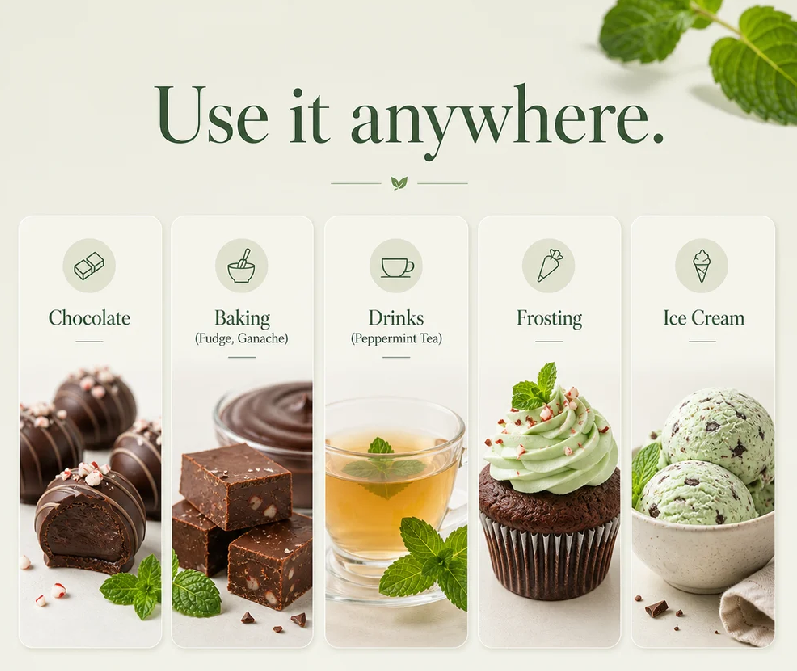 A promotional graphic with the headline 'Use it anywhere.' above five vertical panels showing food and drink examples: chocolate, baking, drinks, frosting, and ice cream.