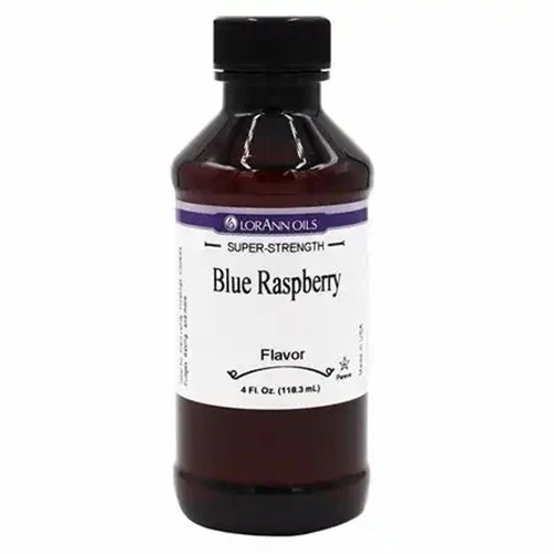 A 4 fl. oz. bottle of LorAnn Oils Super-Strength Blue Raspberry Flavor oil on a white background.