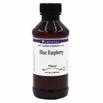 A 4 fl. oz. bottle of LorAnn Oils Super-Strength Blue Raspberry Flavor oil on a white background.