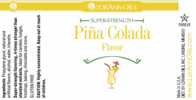 LorAnn Oils Pina Colada flavor label with cocktail illustration and branding details.