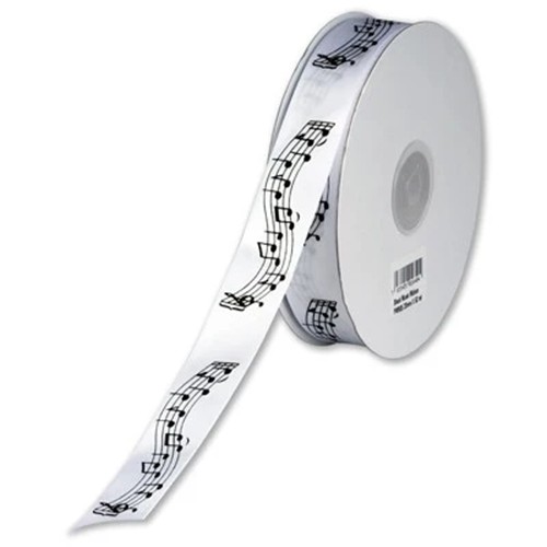 A roll of ribbon with musical notes printed on it, typically used for party or gift packaging.