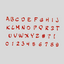 A red fondant alphabet and number cut out - displayed on a light gray background, including uppercase letters, symbols, and digits.