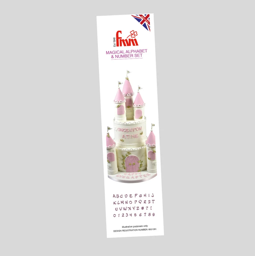 A tall printed card for the Fmm Magical Alphabet & Number Set, featuring a pink and white castle illustration, the Fmm logo, and sample alphabet and number characters on a light gray background.
