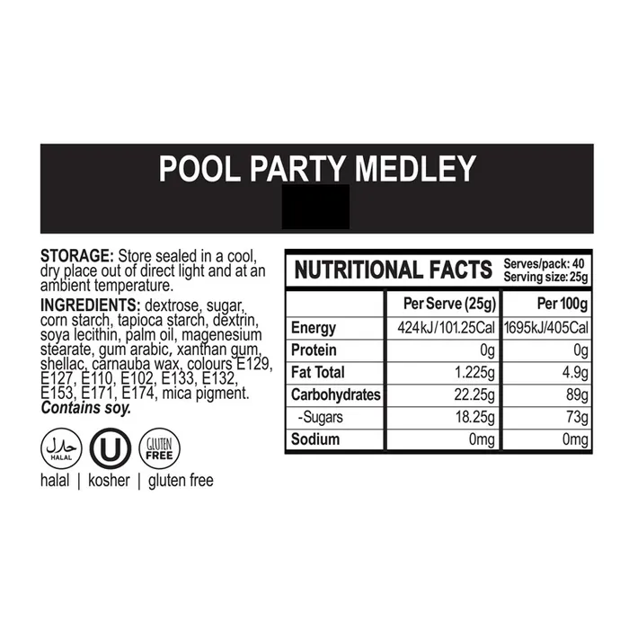 Ingredient label for mermaid pool party sprinkles