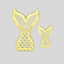 Two gold mermaid tail-shaped icing cutters, one large and one small, displayed on a solid light gray background.
