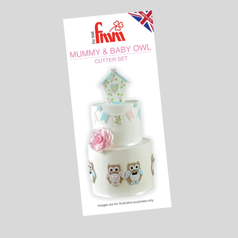 Fmm  mummy and baby owl cutter set packaging, featuring a white cake decoration illustration with owl motifs and a pink rose on a light gray background.