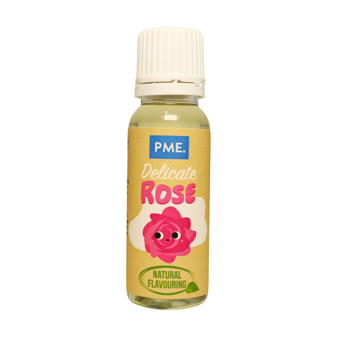 Bottle of PME Delicate Rose natural flavoring on a white background