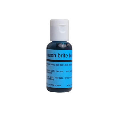 A small bottle of neon brite blue airbrush food coloring with a white cap and a blue label, shown on a plain white background.