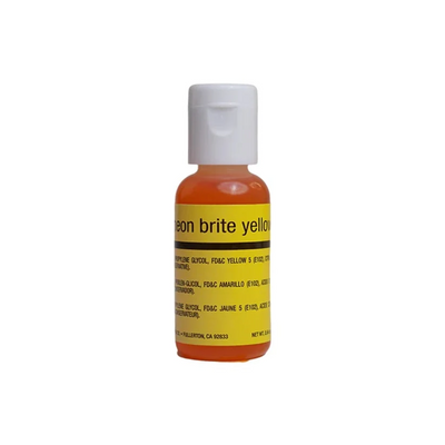 A small bottle of airbrush food coloring with a white cap and a yellow label that reads 'neon brite yellow'. The bottle contains orange liquid and is photographed on a plain white background.