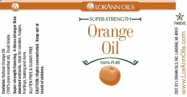 LorAnn Oils Super-Strength Orange Oil label with an orange illustration on a white background.