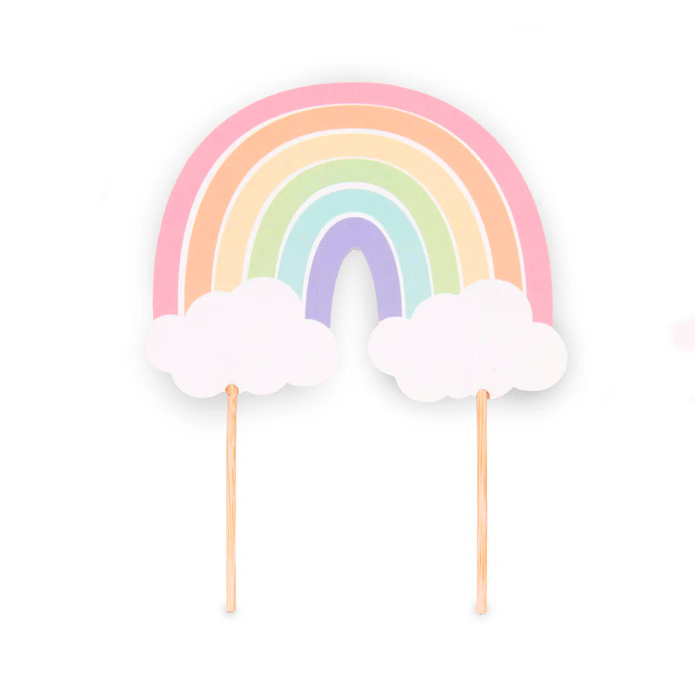 Pastel rainbow and cloud cake topper on a white background