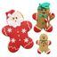 Three Christmas-themed cookies shaped like Santa Claus, a gingerbread man, and a candy cane festive gingerbread man on a white background.