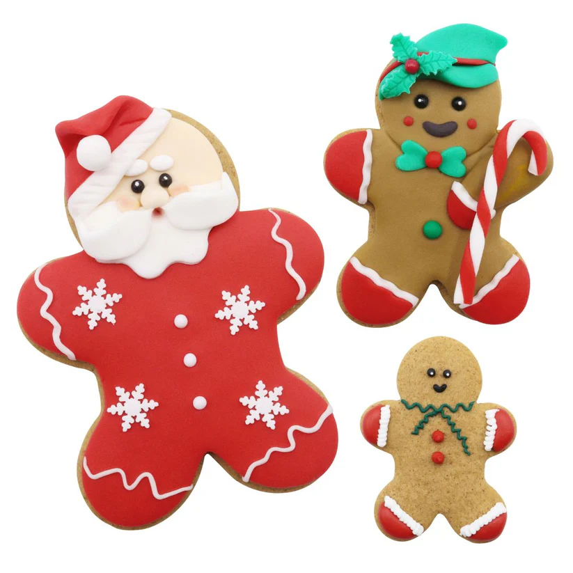 Three Christmas-themed cookies shaped like Santa Claus, a gingerbread man, and a candy cane festive gingerbread man on a white background.