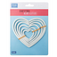 PME Cake 6 Nesting Heart Cutters in their retail packaging, featuring white  heart-shaped cutters held together on a blue and pink card.