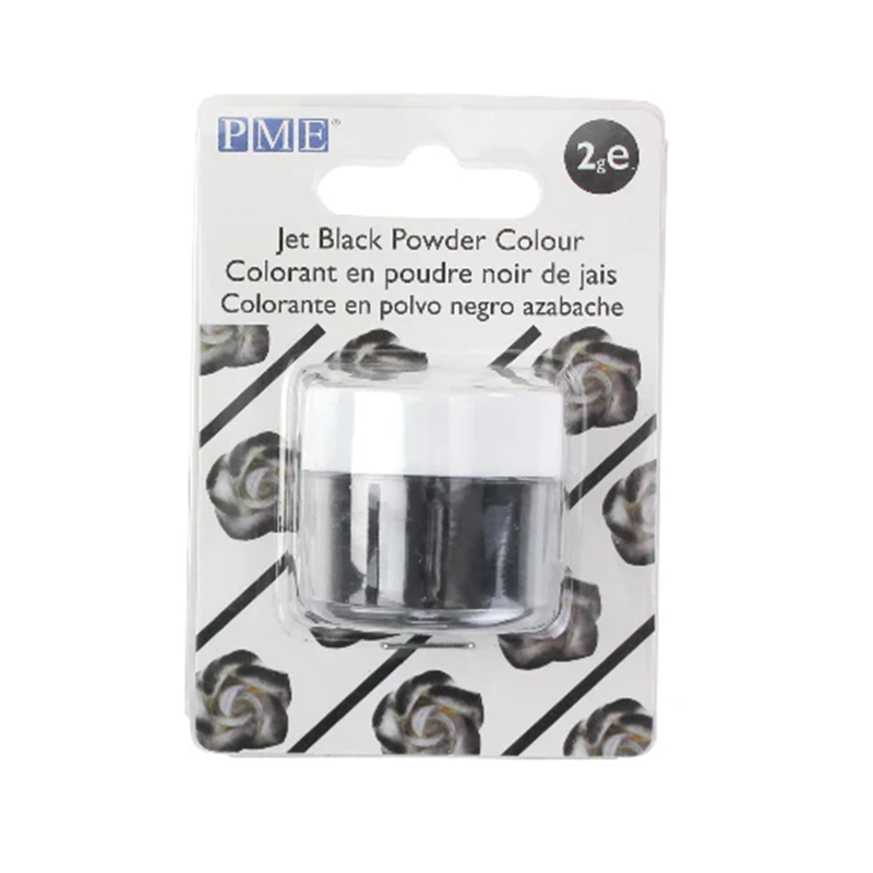 Packaging of PME Jet Black Powder Colour with a clear container on a white background