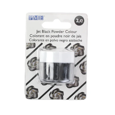 Packaging of PME Jet Black Powder Colour with a clear container on a white background