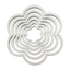 A set of nested flower-shaped plastic cookie cutters in a white colour, arranged concentrically on a solid white background.