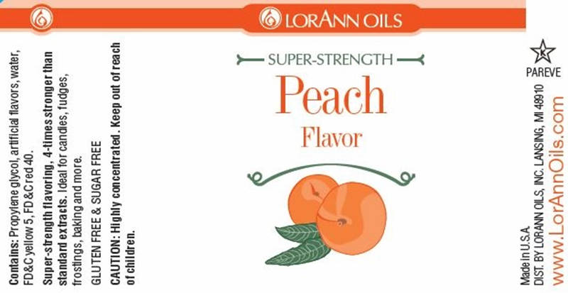 LorAnn Oils Super-Strength Peach Flavor label with two peaches and brand logo.