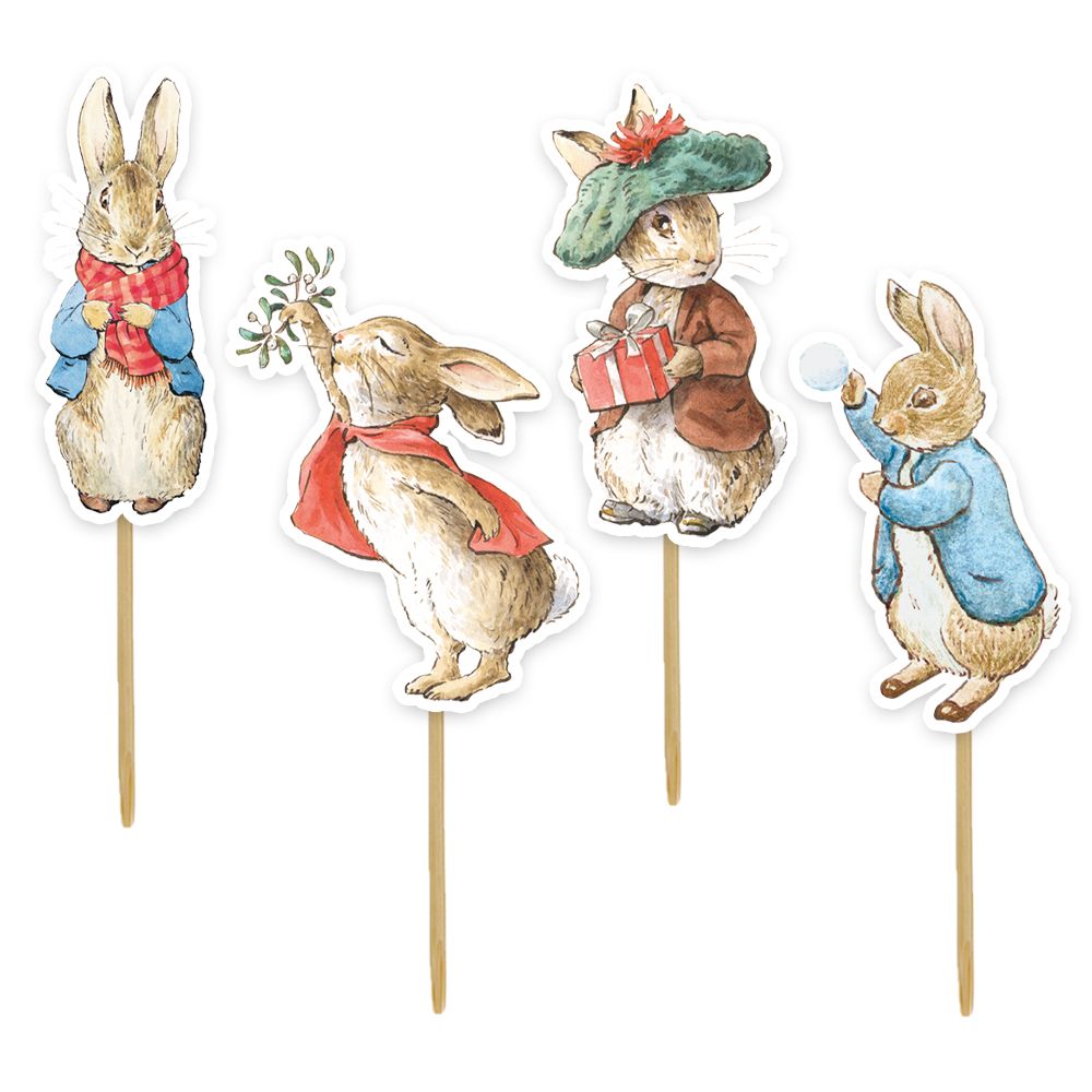 4 designs of Peter Rabbit themed cupcake picks