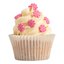 Cupcake with white frosting and pink flower decorations on a white background