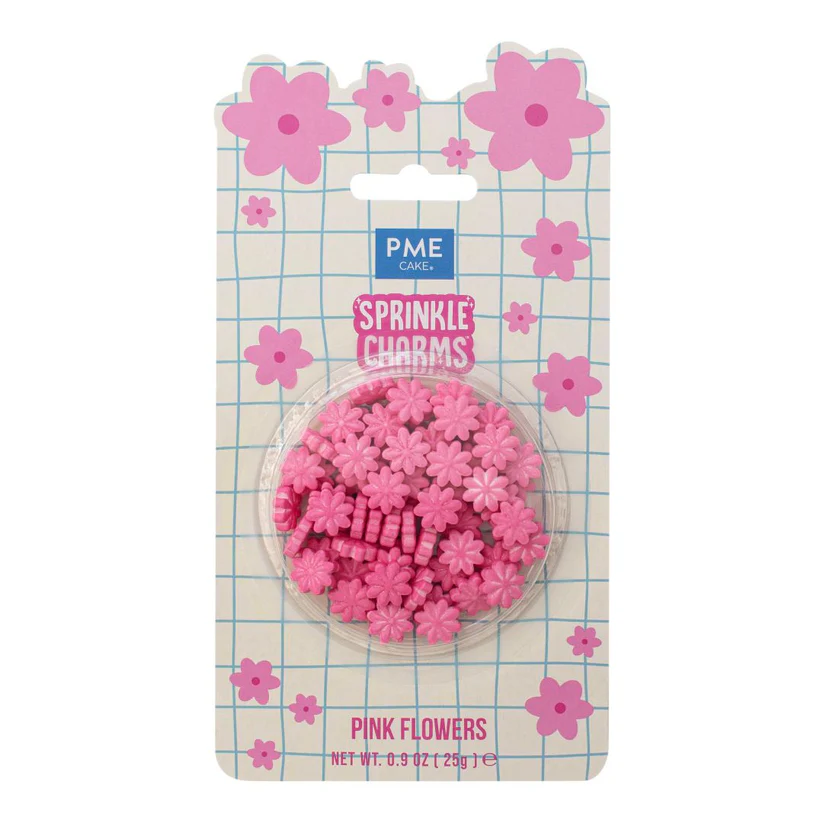 Packaged pink flower sprinkles with PME branding on a white background