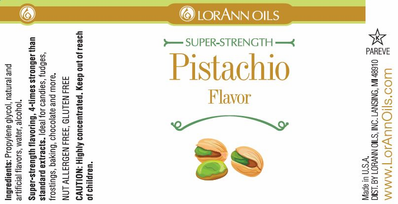LorAnn Oils Super-Strength Pistachio Flavor label with pistachio illustrations and branding.