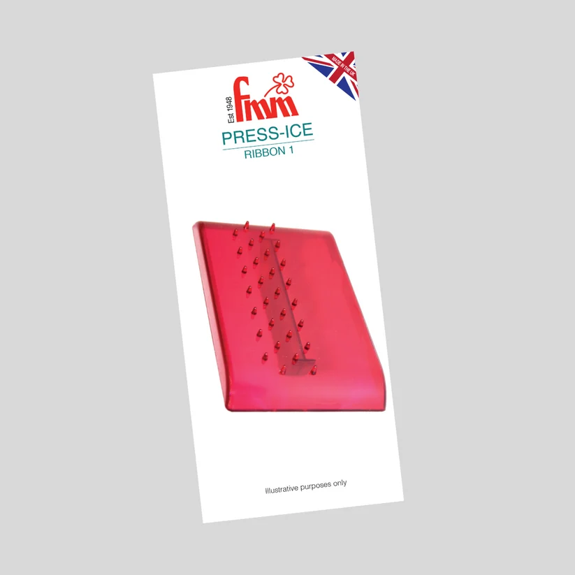 A white product card for FMM Press-Ice Ribbon 1, angled on a light gray background. The card features the red and blue Finn brand logo, a small Union Jack flag, and an illustration of a red ice skate on a pinkish-red ice surface.