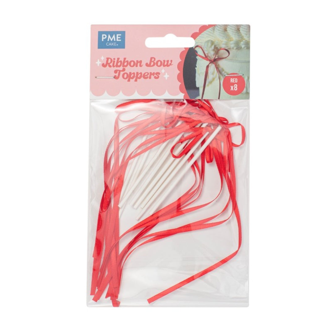 Packaged Red ribbon bow toppers with PME logo on a white background