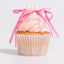 Cupcake with pink frosting and a pink ribbon on a light gray background