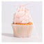 Cupcake with pink frosting and a pink ribbon on a light gray background