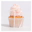 Cupcake with pink frosting and a white ribbon on a light gray background