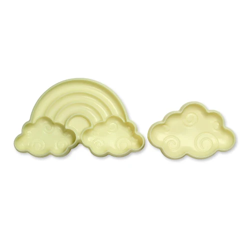 A pale yellow plastic mold set featuring a rainbow with two cloud pieces and a separate cloud piece, shown on a plain white background.