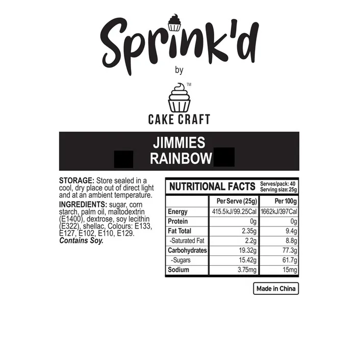 Sprink'd by Cake Craft Jimmies Rainbow label with nutritional facts and ingredients.