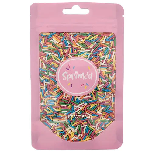 Pink package of colorful rainbow hail sprinkles with 'Sprink'd' branding on a white background