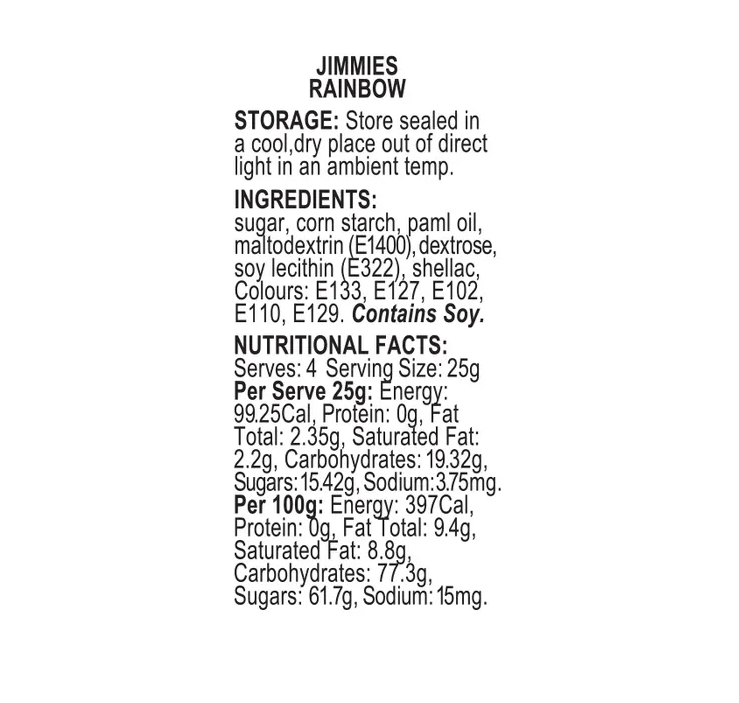 Nutritional facts and ingredients list for a product named 'Jimmies Rainbow' on a white background.