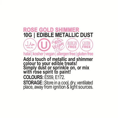 Label for rose gold shimmer edible metallic dust on a white background