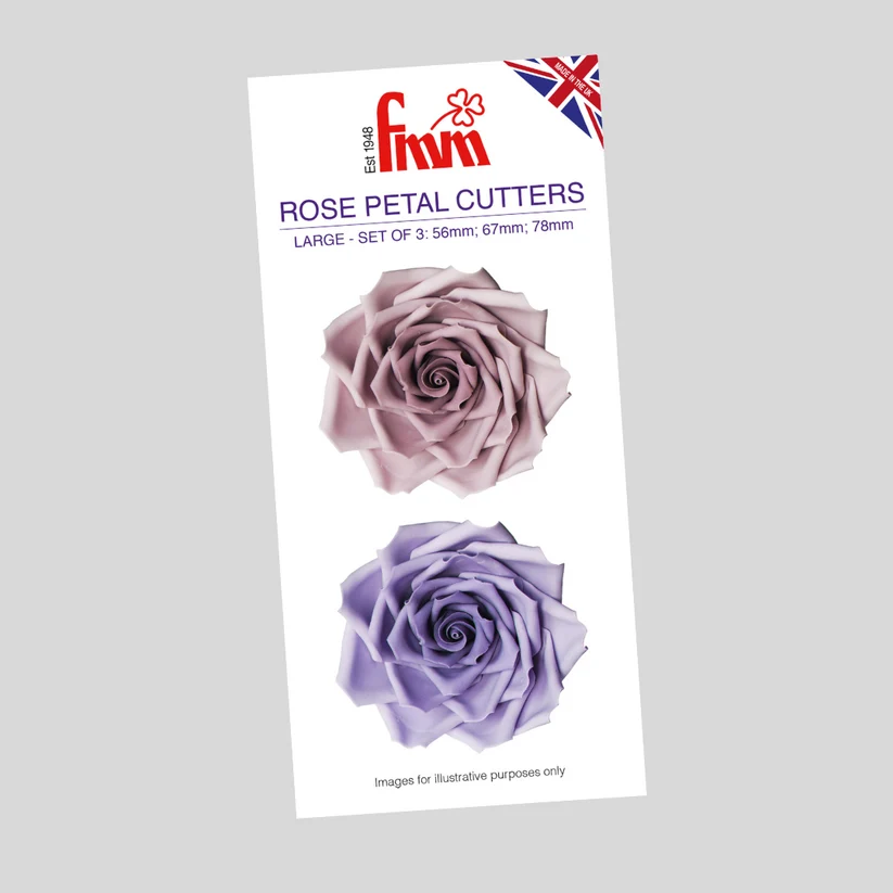 A package of Fmm rose petal cutters, featuring two large rose diagrams in shades of lavender and mauve on a white background, with the Fmm brand logo and a small Union Jack flag in the top right corner.