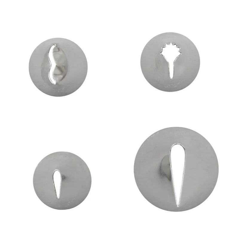 4 metal piping nozzles shown end on, to show the shapes