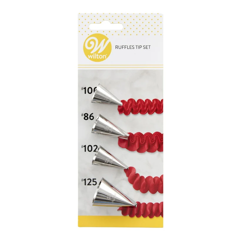 Wilton ruffles tip set packaging with four metal tips and red ruffle designs on a white background.
