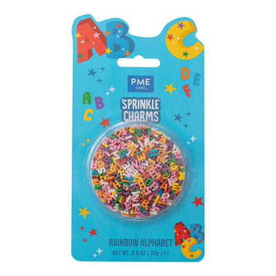 Packaged rainbow alphabet sprinkles with blue packaging featuring letters A to Z.