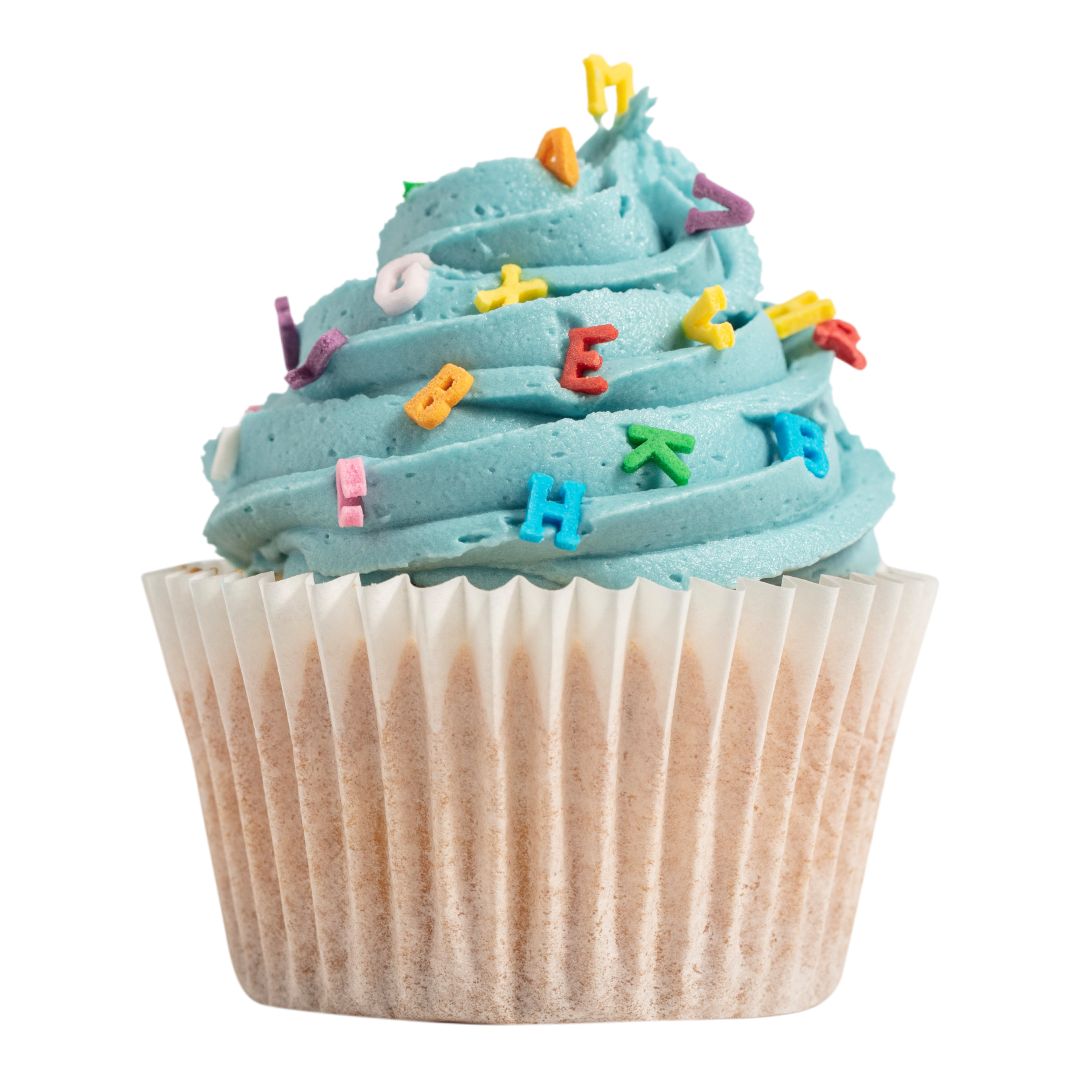Cupcake with blue frosting and colorful letter sprinkles