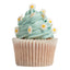 Cupcake with light blue frosting and white daisy flowers on a white background