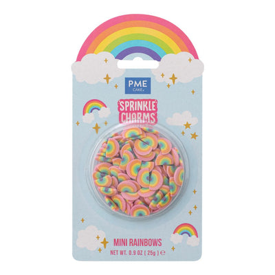 Packaging of PME Sprinkle Charms Mini Rainbows on a light blue background with rainbow and cloud designs.