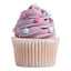 Cupcake with purple frosting and decorative gems on a white background