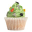 Green frosted cupcake with Construction-themed decorations on a white background