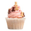 Cupcake with pink frosting and bear-shaped sprinkles on a white background
