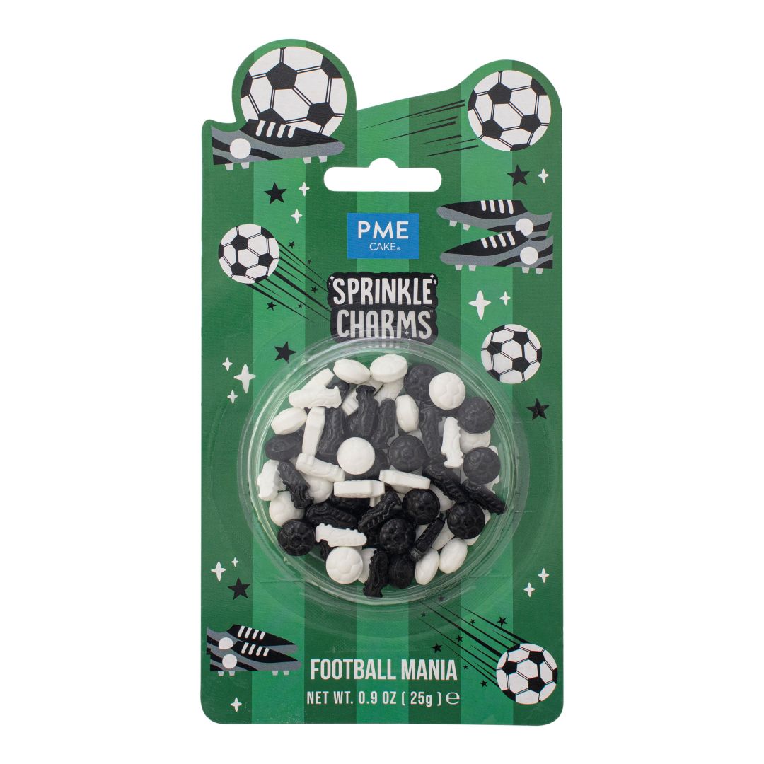 PME Sprinkle Charms Football Mania packaging with soccer ball designs on a green background